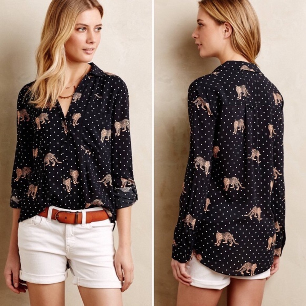 Anthropologie leopard button front rayon blouse M - Picture 2 of 8